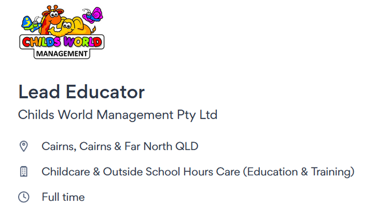 Employment Opportunity - Lead Childcare Educator - Cairns
